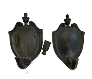Pair Of Antique Or Vintage Pewter Sconces As Found