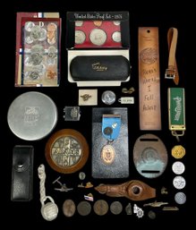 Lot Of Miscellaneous Assorted Mens Small Items Including Coins And Pins