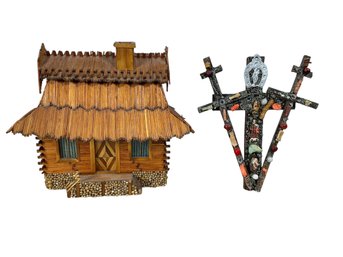 Folk Art Matchstick Art Cottage Lamp And Crucifix