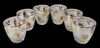 Vintage Midcentury Libbey Set Of Six Gold Leaves Low Ball Glasses