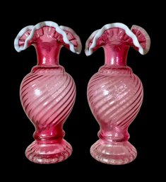 Pair Of  RARE Fenton Pink Cranberry Snow Crest Vases