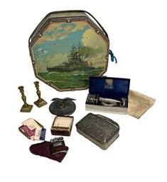 Lot Of Assorted Vintage And Antique Items Ronson Lighter Loose Wiles Biscuit Tin Wilkinson Sword Shaving Set