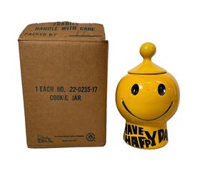 New In Box 1970s Happy Face McCoy Pottery Cookie Jar Have A Happy Day