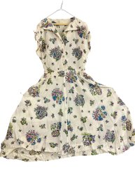 1950s White Satiny Patterned Dress