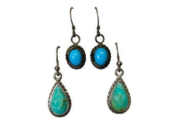 Two Pairs Of Sterling And Turquoise Drop Earrings Native American Made