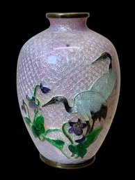 Japanese Miniature Lilac Cloisonne Enamel Vase With Cranes Design