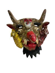 Vintage Mexican Folk Art Glazed Terra Cotta Diablo Mask With Skull And Snake Decoration