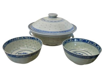 Chinese Porcelain Rice Grain Eye Covered Serving Bowl And Two Small Bowls