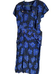 1940s Vibrant Blue & Black Patterned Dress