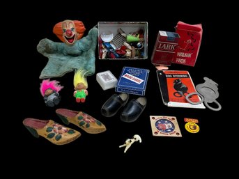 Lot Of Vintage Toys And Novelty Items Bozo Hand Puppet Walking Cigarette Pack Magic Cards Etc