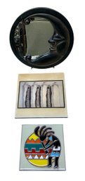 Lot Of Moon Mirror And Two Art Tiles