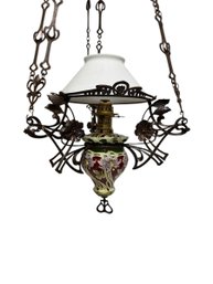 Stunning Period Art Nouveau Hanging Oil Lamp With Majolica Font & Milk Glass Shade