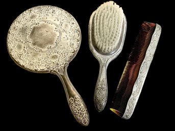 Silver Plate Vintage Vanity Set With Comb Hairbrush And Mirror