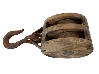Big Old Wooden Pulley With Hand Wrought Hook And Fixture