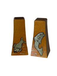 Two Vintage Wooden Pepper Shakers With Hand Painted Fish Decoration