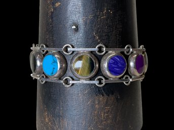 Sterling Silver And Rainbow Stones Vintage Taxco Bracelet