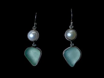 Sea Glass And Pearl Sterling Earrings