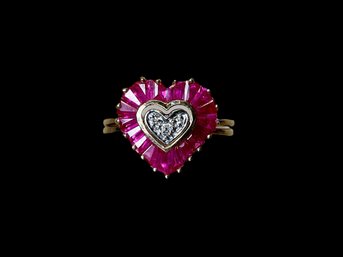 Two Interlocking 10K And Ruby Baguette Heart Rings