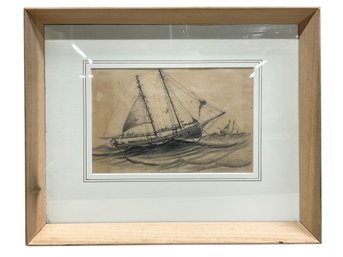 Framed Pencil Drawing Of Ship Vintage Or Antique