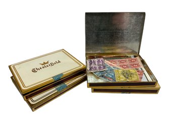 Four Vintage 1930s Chesterfield Cigarette Tins With Stamp Blocks 12 15 30 50 Cents Buffalo Lincoln Grant Etc