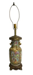 Large Antique Chinese Famille Rose Vase Electrified As A Lamp With Old Staple Repair