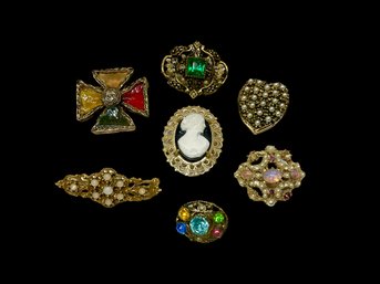 Lot Of 7 Vintage Or Antique Rhinestone Pins
