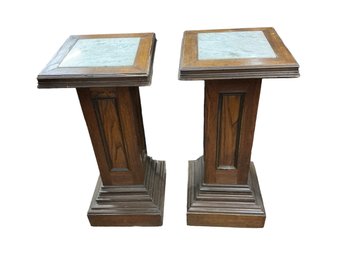 Fabulous Pair Of Antique Victorian Marble Top Oak Wooden Column Form Pedestals