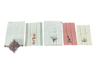 Lot Of Five Vintage 1950s And 60s Embroidered And Cross Stitch And Crochet Kitchen Towels
