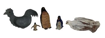 Five Antique Bird Figure Chinese Pewter Chicken Iron Penguin Figurine Carved Wood Dove Bristle Penguin