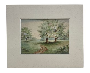 Antique Watercolor Of Flowering Trees Unsigned