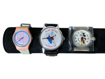 Three Funky Vintage Watches 1986 Swatch Blue Water Superfish And Mechanical Mickey Mouse By Bradley