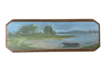 Vintage Folk Art Painting On Wood Of Marsh Scene With Dory