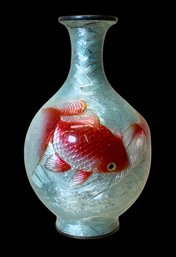 Japanese Miniature Aqua Cloisonne Enamel Vase With Koi Fish Design