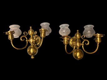 Pair Of Early 20th Century Sconces W Griffens On Arms And Original Glass Globes