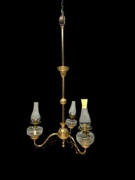 1870s Brass Oil Chandelier Original Chimneys Marked Acme Lead Flint