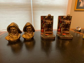 Two Sets Of Metal Antique/Vintage Book Ends Old Salt And Library Scholar