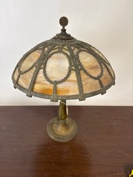 Antique Caramel Slag Glass Table Lamp With Bronze Pairpoint  Base