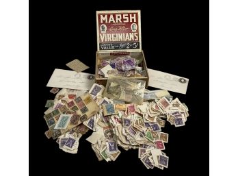 Cigar Box Filled With Vintage And Antique Stamps World And US Varieties From 1920s And 1930s And Later