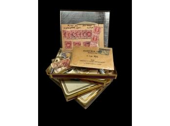 Four Vintage 1930s Chesterfield Cigarette Tins With Stamps Austria US Canada Newfoundland Etc