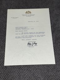 Milton J Shapp Autographed Letter Former Pennsylvania Governor