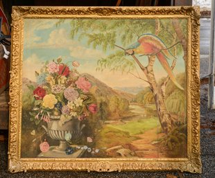 Large Still Life With Parrot And Urn Of Flowers.