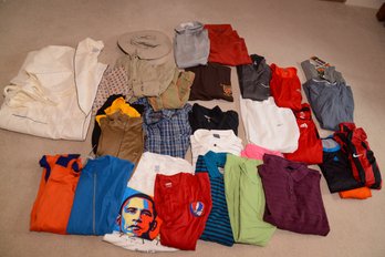 Group Of Various Polo And Athletic Shirts, Bathrobe, And Hat.