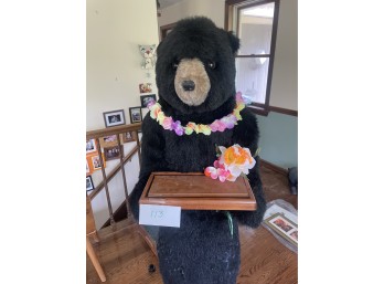 Large Stuffed Butler Bear Carrying a Wood Serving Tray