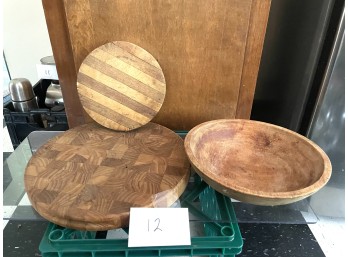 Two Round Wood Cutting Boards with Wood Bowl