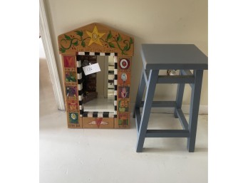 Wood Painted Wall Mirror with Quotes and Blue Wood Stool