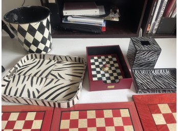 Group of Desk Items and Checkered Metal Waste Basket