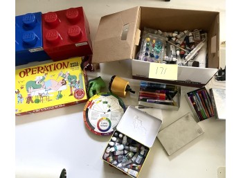 Art Supplies with The Operation Game and Lego Storage Boxes