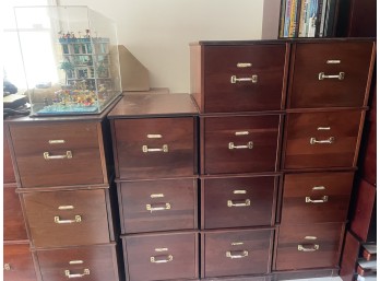 Nine Wood File Cabinets with Brass Handles
