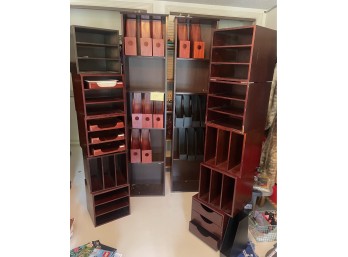 Two Tall Wood Bookcases with Ten Stacking Storage Cubes
