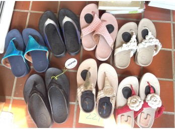 Group of Oofos and Fit Flop Flip Flops
